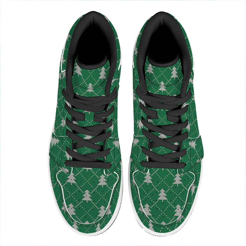 Christmas Tree Knitted Pattern Print High Top Leather Sneakers