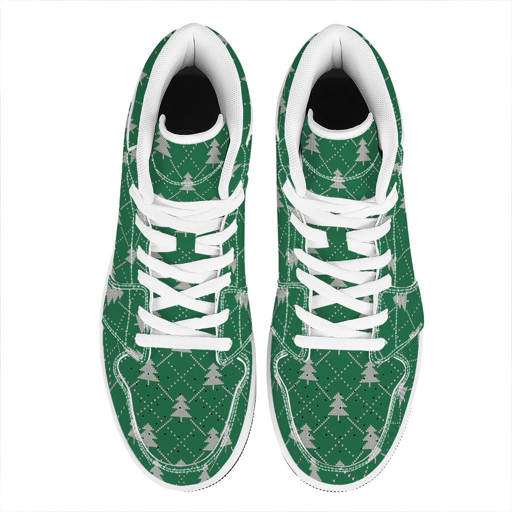 Christmas Tree Knitted Pattern Print High Top Leather Sneakers