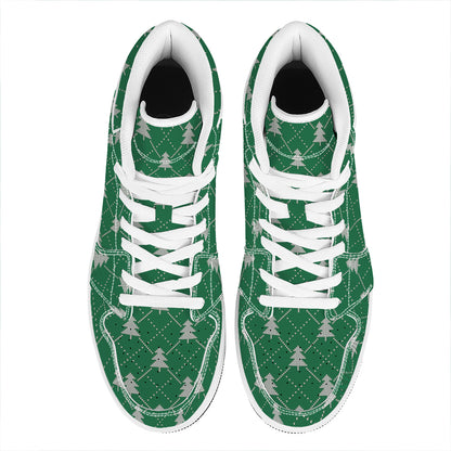 Christmas Tree Knitted Pattern Print High Top Leather Sneakers