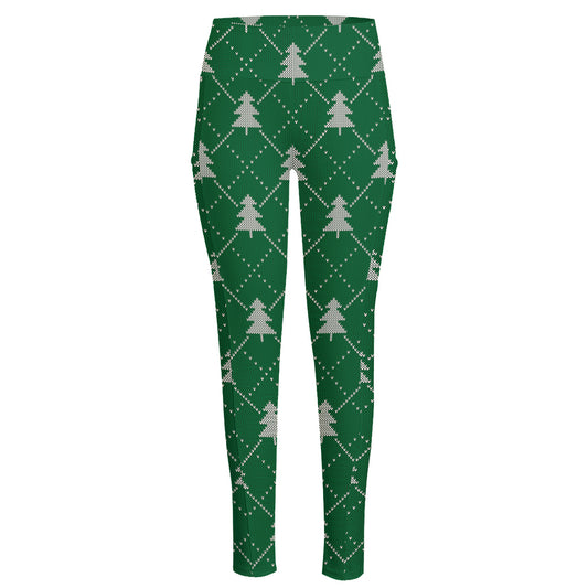 Christmas Tree Knitted Pattern Print High-Waisted Pocket Leggings