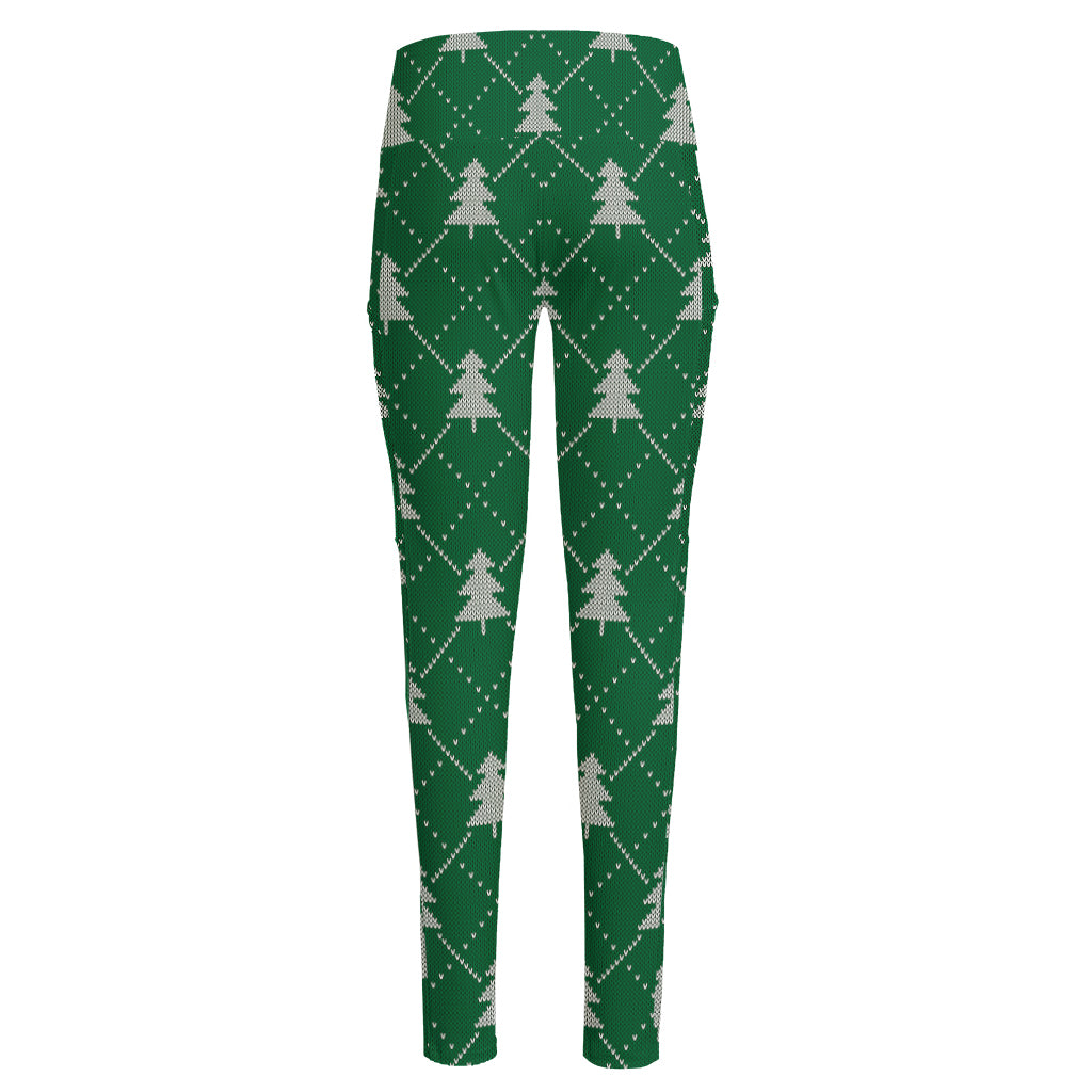 Christmas Tree Knitted Pattern Print High-Waisted Pocket Leggings