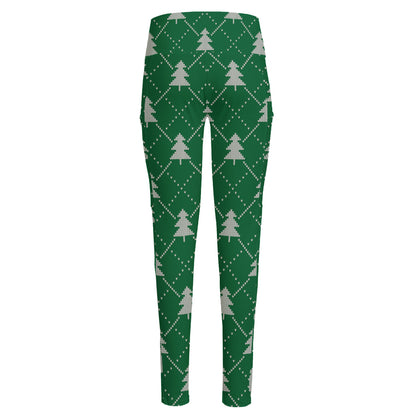Christmas Tree Knitted Pattern Print High-Waisted Pocket Leggings