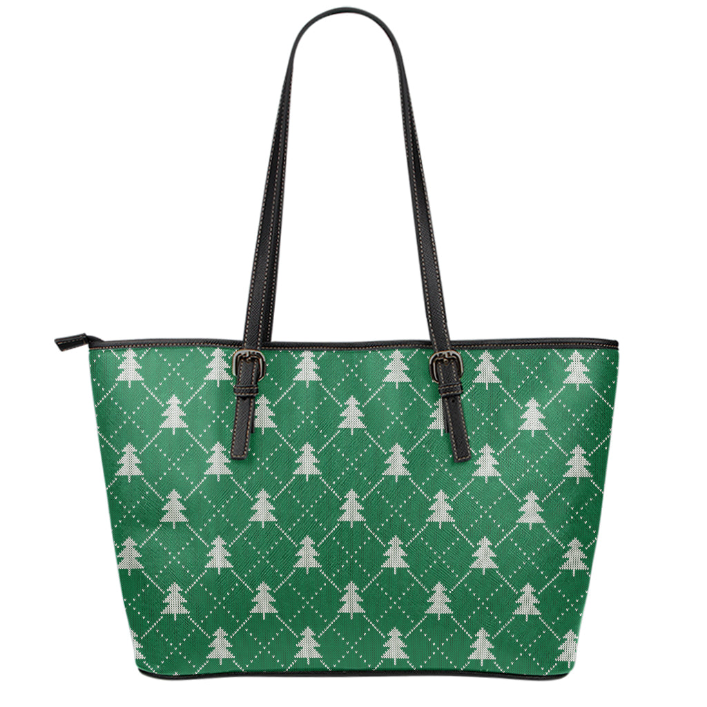 Christmas Tree Knitted Pattern Print Leather Tote Bag