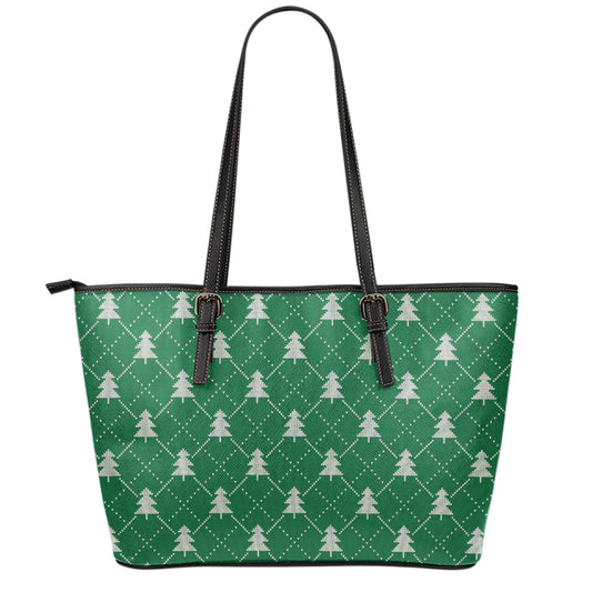 Christmas Tree Knitted Pattern Print Leather Tote Bag