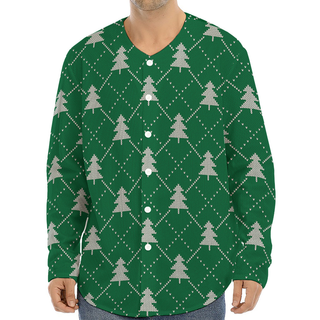Christmas Tree Knitted Pattern Print Long Sleeve Baseball Jersey