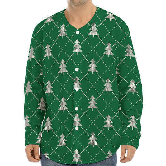 Christmas Tree Knitted Pattern Print Long Sleeve Baseball Jersey