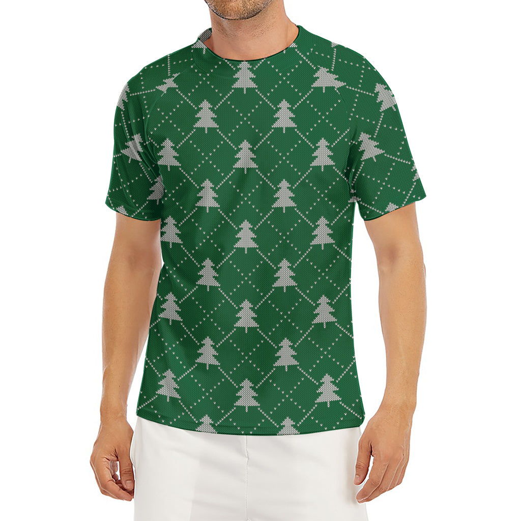 Christmas Tree Knitted Pattern Print Men's Short Sleeve Rash Guard