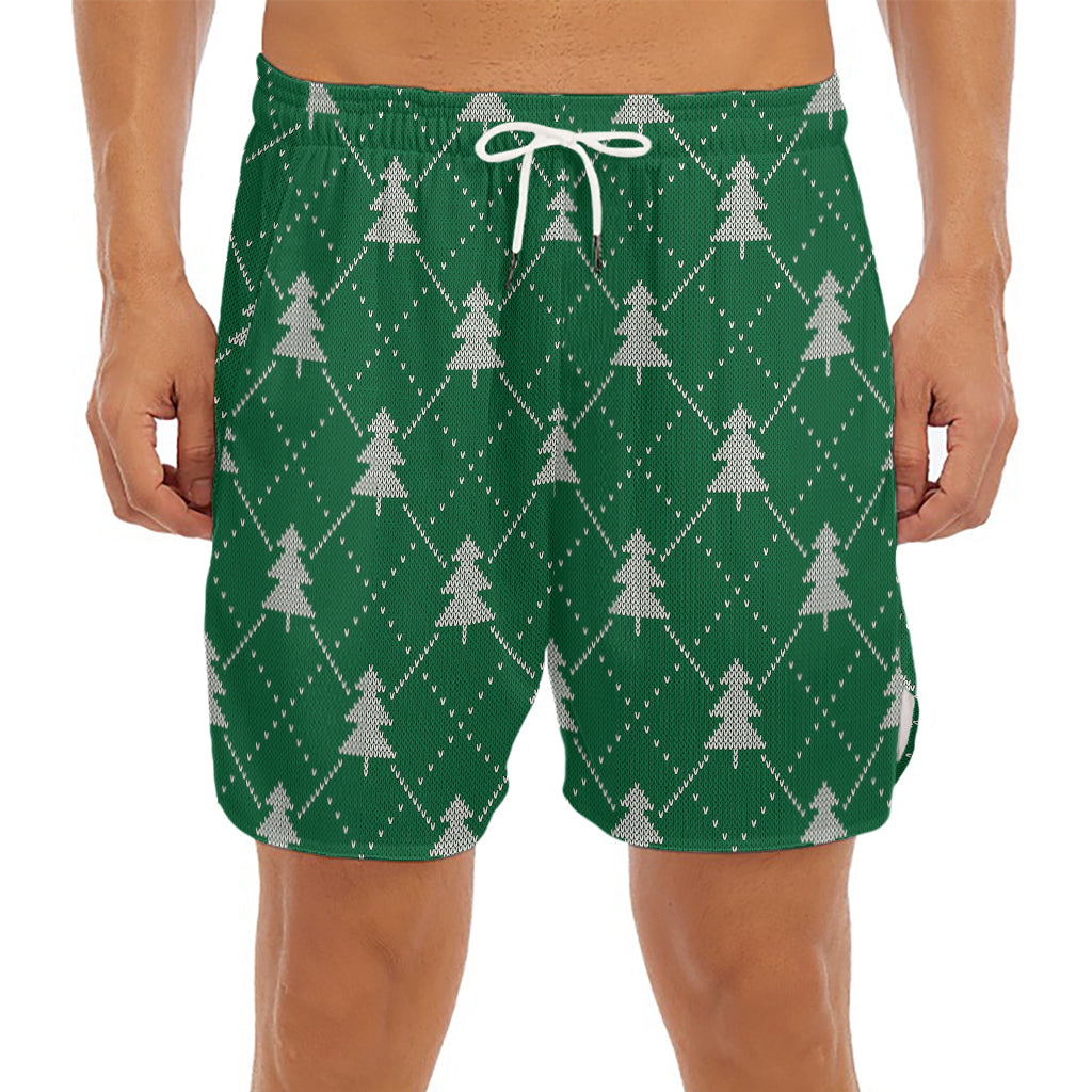 Christmas Tree Knitted Pattern Print Men's Split Running Shorts