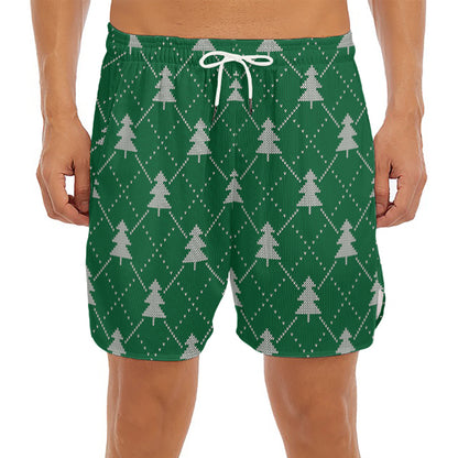 Christmas Tree Knitted Pattern Print Men's Split Running Shorts