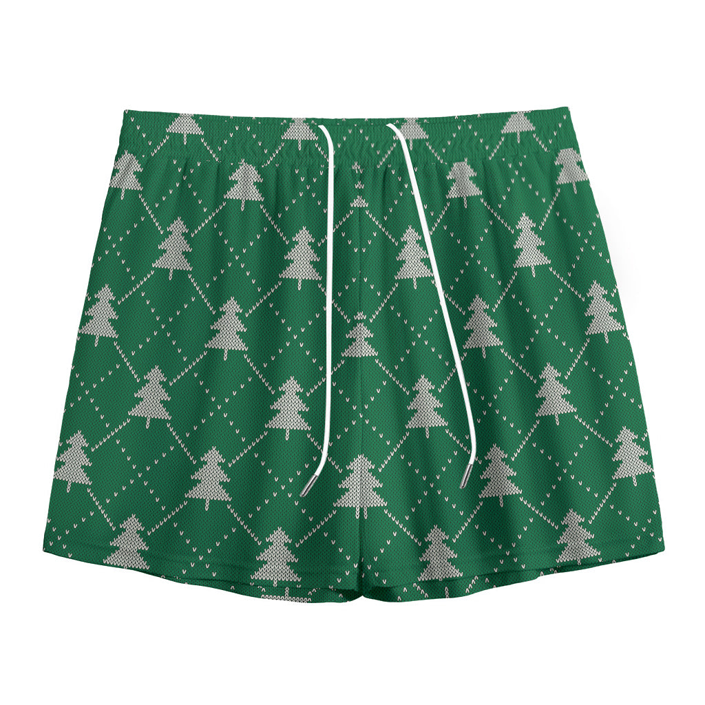 Christmas Tree Knitted Pattern Print Mesh Shorts