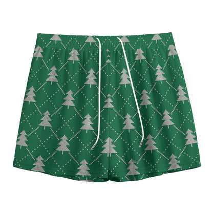 Christmas Tree Knitted Pattern Print Mesh Shorts