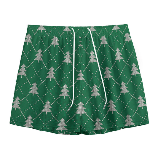 Christmas Tree Knitted Pattern Print Mesh Shorts