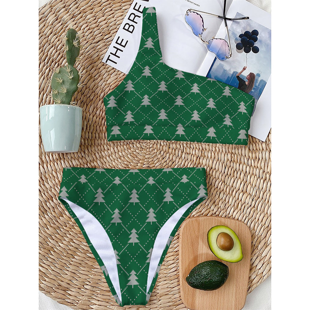 Christmas Tree Knitted Pattern Print One Shoulder Bikini Top