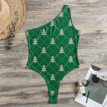 Christmas Tree Knitted Pattern Print One Shoulder Bodysuit