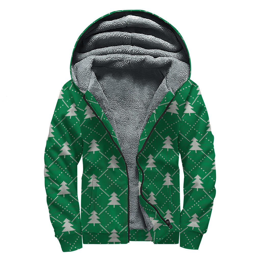 Christmas Tree Knitted Pattern Print Sherpa Lined Zip Up Hoodie