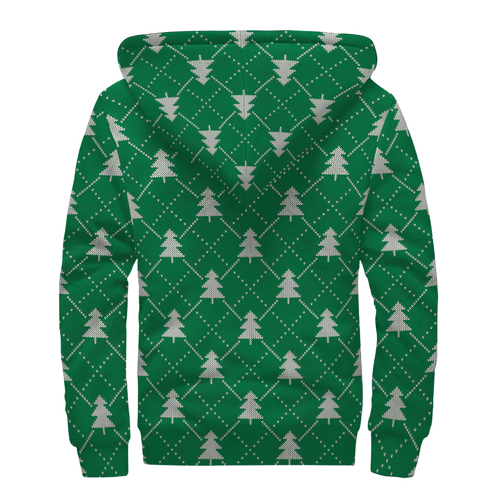 Christmas Tree Knitted Pattern Print Sherpa Lined Zip Up Hoodie