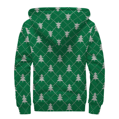 Christmas Tree Knitted Pattern Print Sherpa Lined Zip Up Hoodie