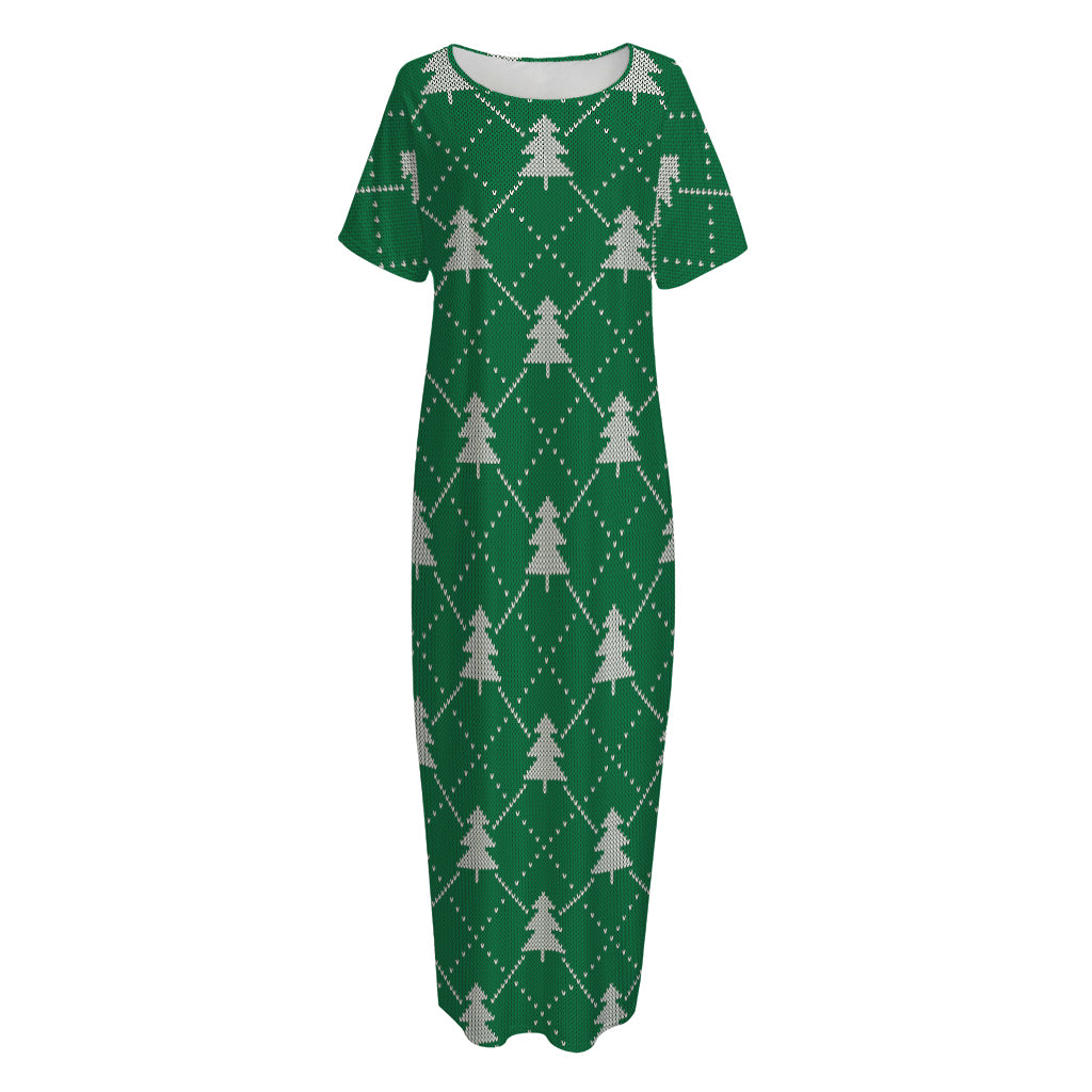 Christmas Tree Knitted Pattern Print Short Sleeve Long Nightdress