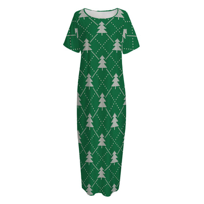Christmas Tree Knitted Pattern Print Short Sleeve Long Nightdress