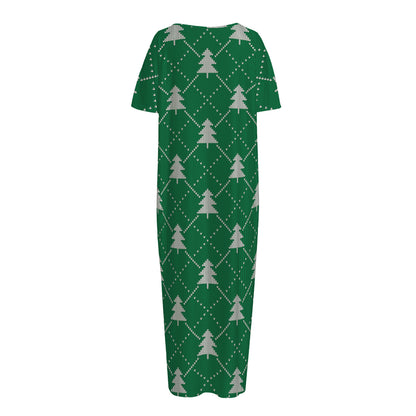 Christmas Tree Knitted Pattern Print Short Sleeve Long Nightdress