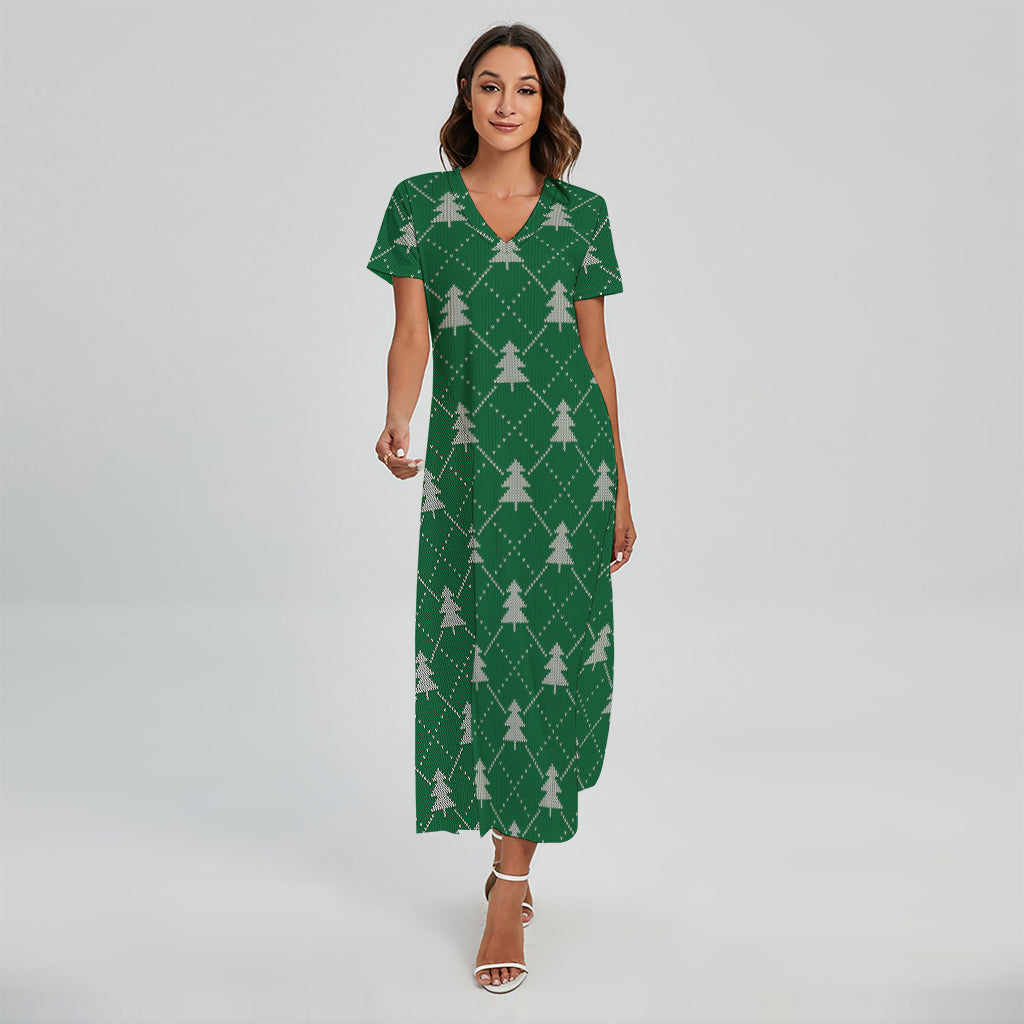 Christmas Tree Knitted Pattern Print Short Sleeve Maxi Dress