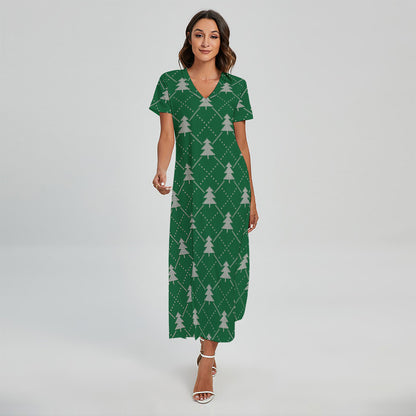 Christmas Tree Knitted Pattern Print Short Sleeve Maxi Dress