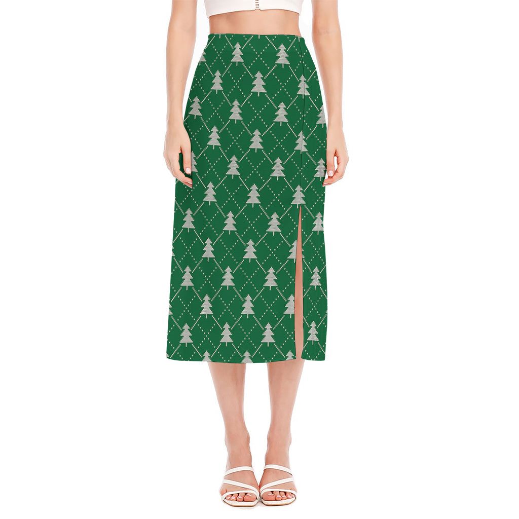 Christmas Tree Knitted Pattern Print Side Slit Midi Skirt