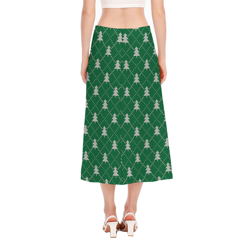 Christmas Tree Knitted Pattern Print Side Slit Midi Skirt