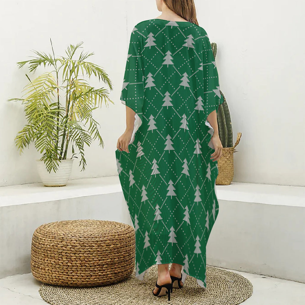 Christmas Tree Knitted Pattern Print Silk V-Neck Kaftan Dress