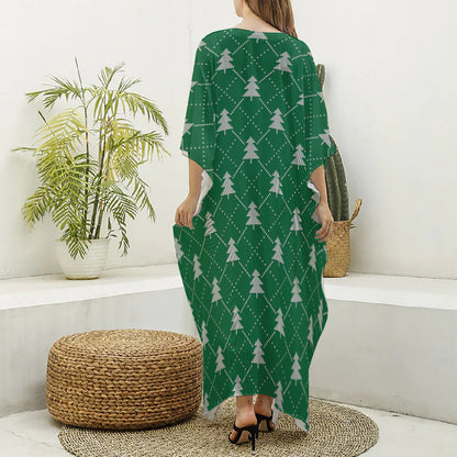 Christmas Tree Knitted Pattern Print Silk V-Neck Kaftan Dress
