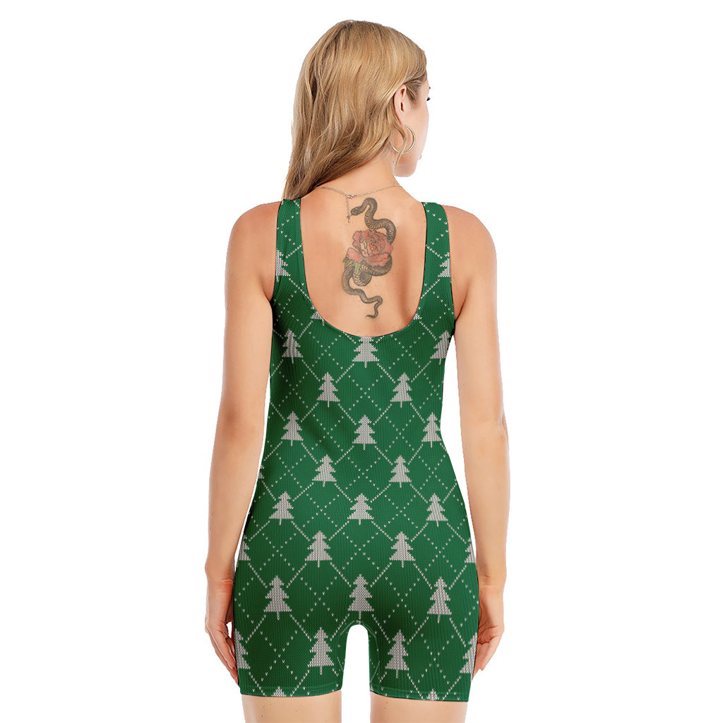 Christmas Tree Knitted Pattern Print Sleeveless One Piece Swimsuit