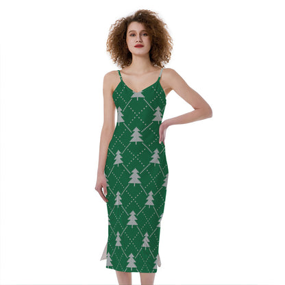 Christmas Tree Knitted Pattern Print Slim Fit Midi Cami Dress
