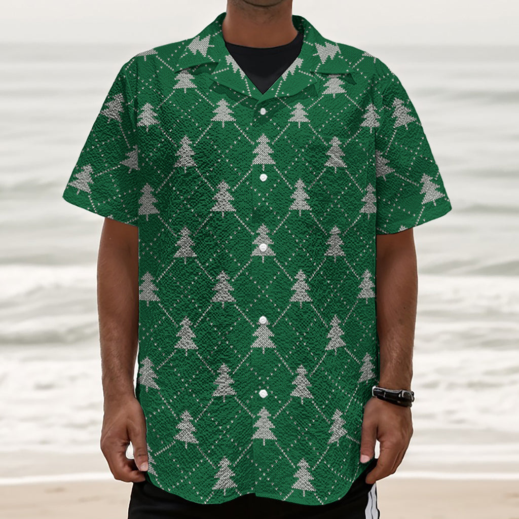 Christmas Tree Knitted Pattern Print Textured Short Sleeve Shirt