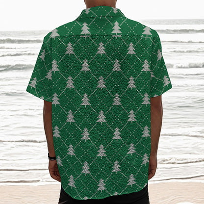 Christmas Tree Knitted Pattern Print Textured Short Sleeve Shirt