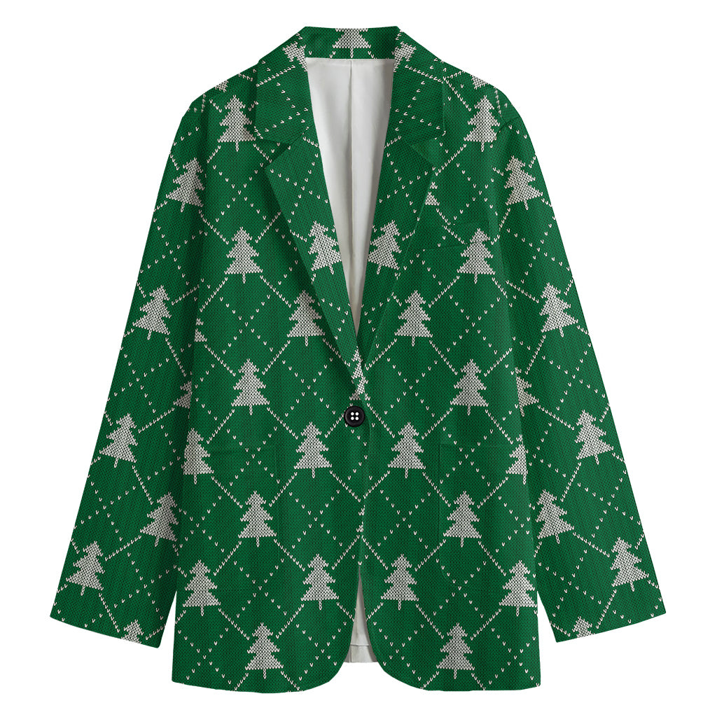 Christmas Tree Knitted Pattern Print Women's Cotton Blazer