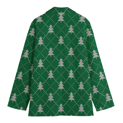 Christmas Tree Knitted Pattern Print Women's Cotton Blazer