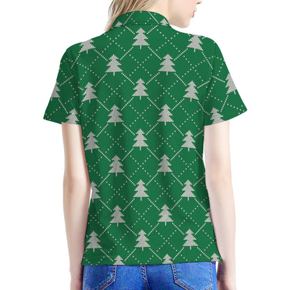 Christmas Tree Knitted Pattern Print Women's Polo Shirt