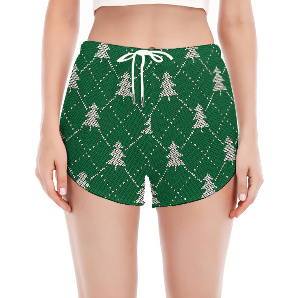 Christmas Tree Knitted Pattern Print Women's Split Running Shorts