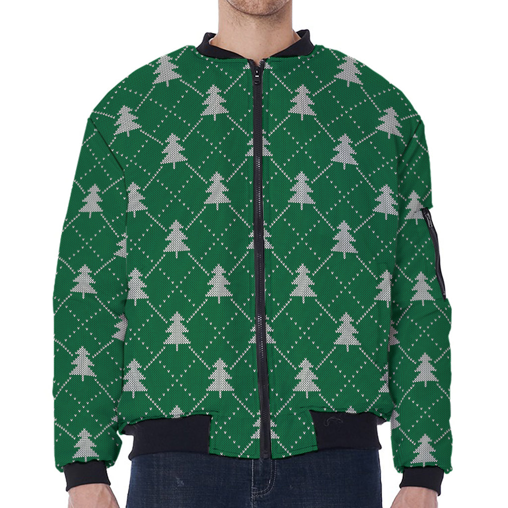 Christmas Tree Knitted Pattern Print Zip Sleeve Bomber Jacket