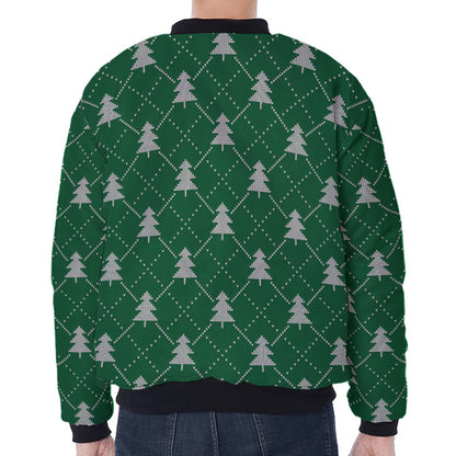 Christmas Tree Knitted Pattern Print Zip Sleeve Bomber Jacket