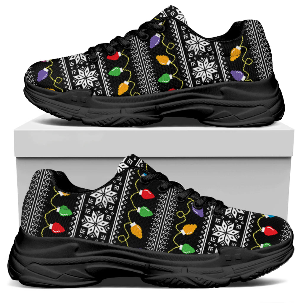 Christmas Tree Lights Print Black Chunky Shoes