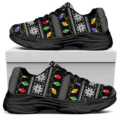 Christmas Tree Lights Print Black Chunky Shoes