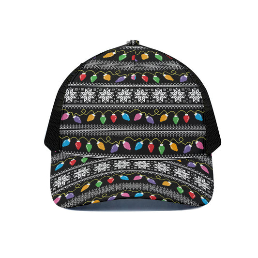 Christmas Tree Lights Print Black Mesh Trucker Cap