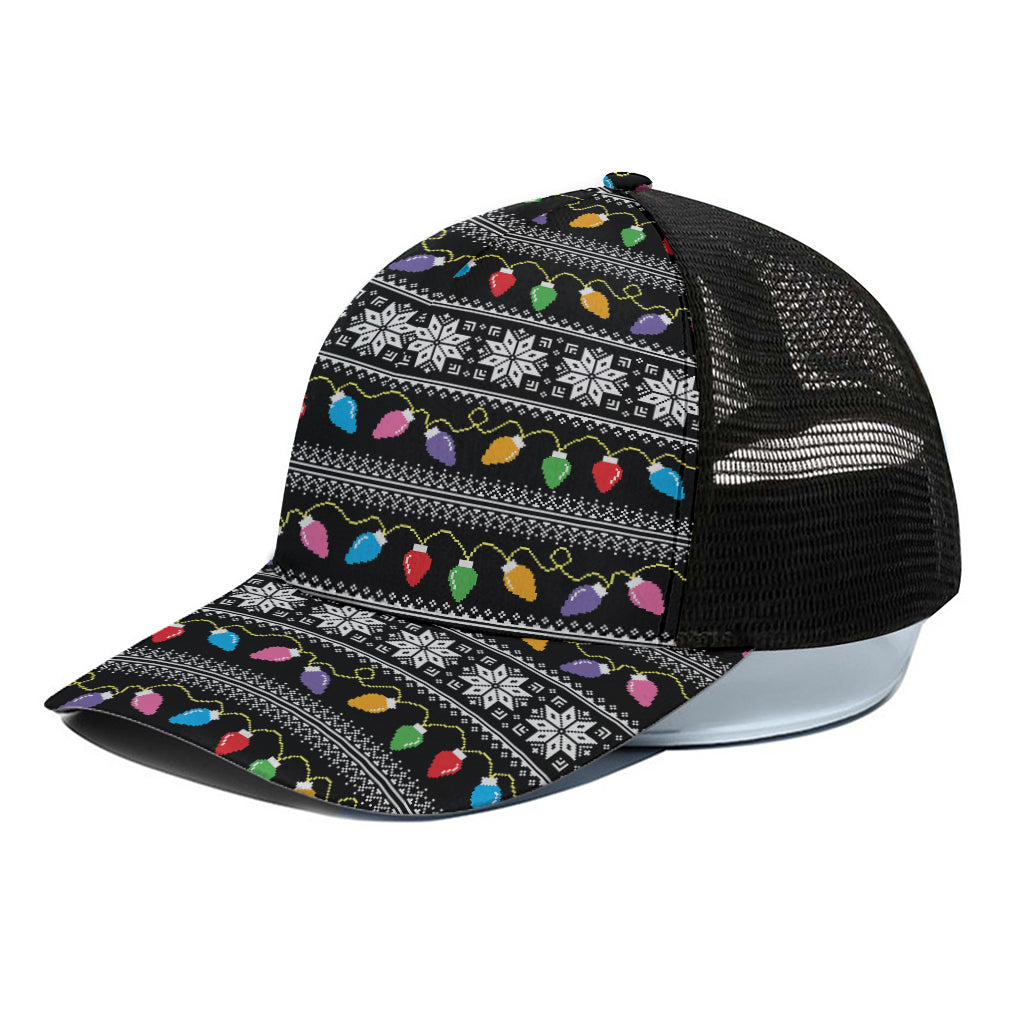 Christmas Tree Lights Print Black Mesh Trucker Cap