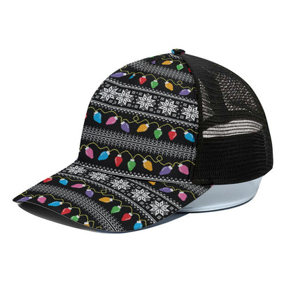 Christmas Tree Lights Print Black Mesh Trucker Cap