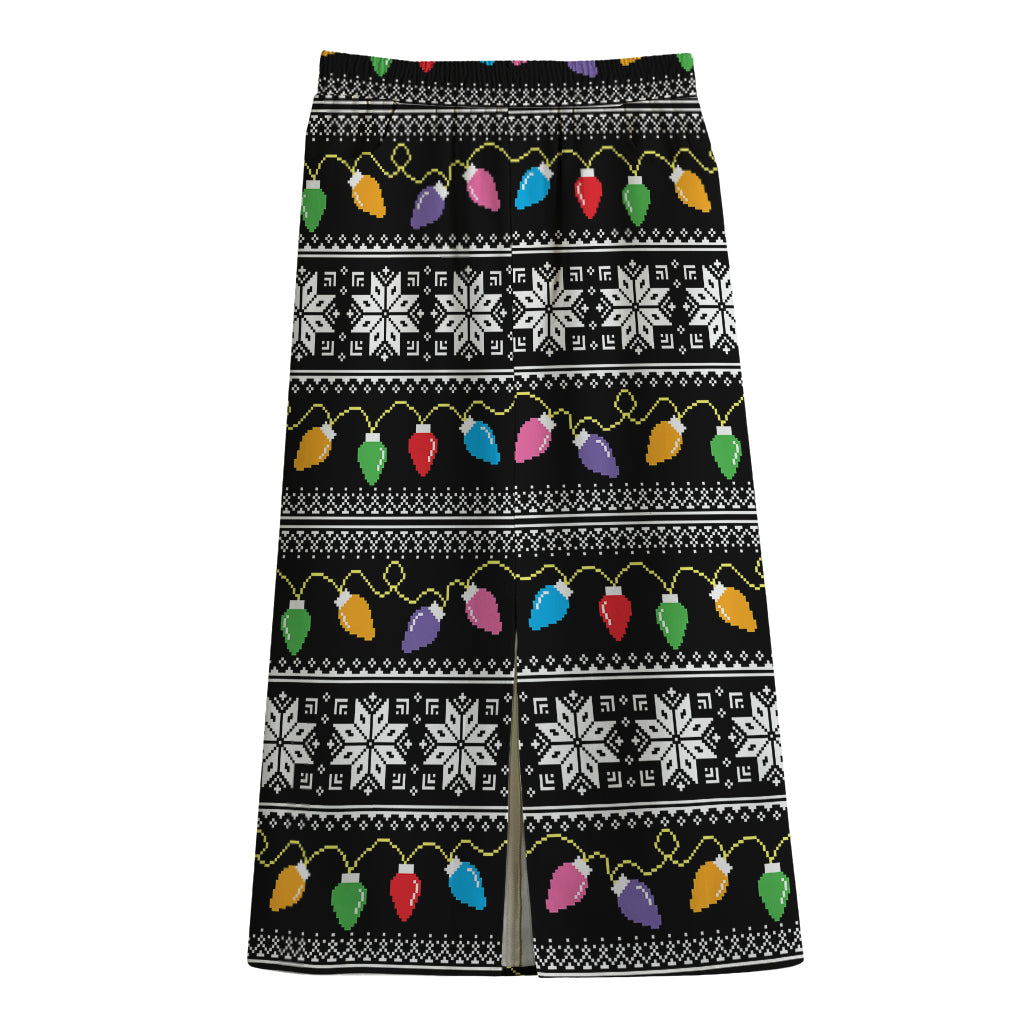 Christmas Tree Lights Print Cotton Front Slit Maxi Skirt