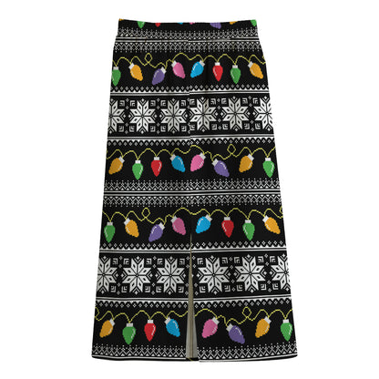 Christmas Tree Lights Print Cotton Front Slit Maxi Skirt