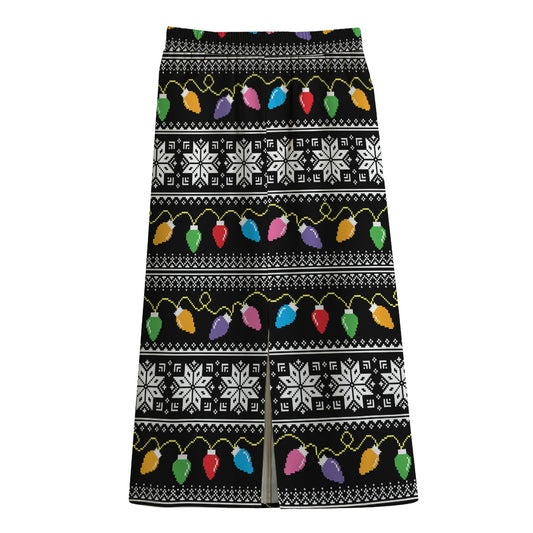 Christmas Tree Lights Print Cotton Front Slit Maxi Skirt