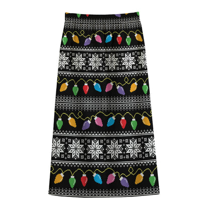 Christmas Tree Lights Print Cotton Front Slit Maxi Skirt