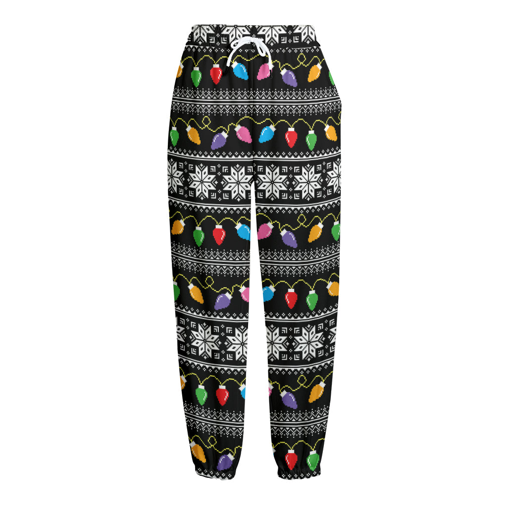 Christmas Tree Lights Print Fleece Lined Knit Pants